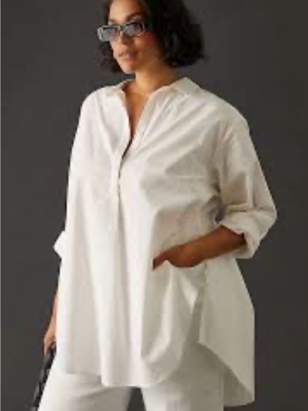 Anthropologie White Linen Button-Front Tunic Shirt with button details